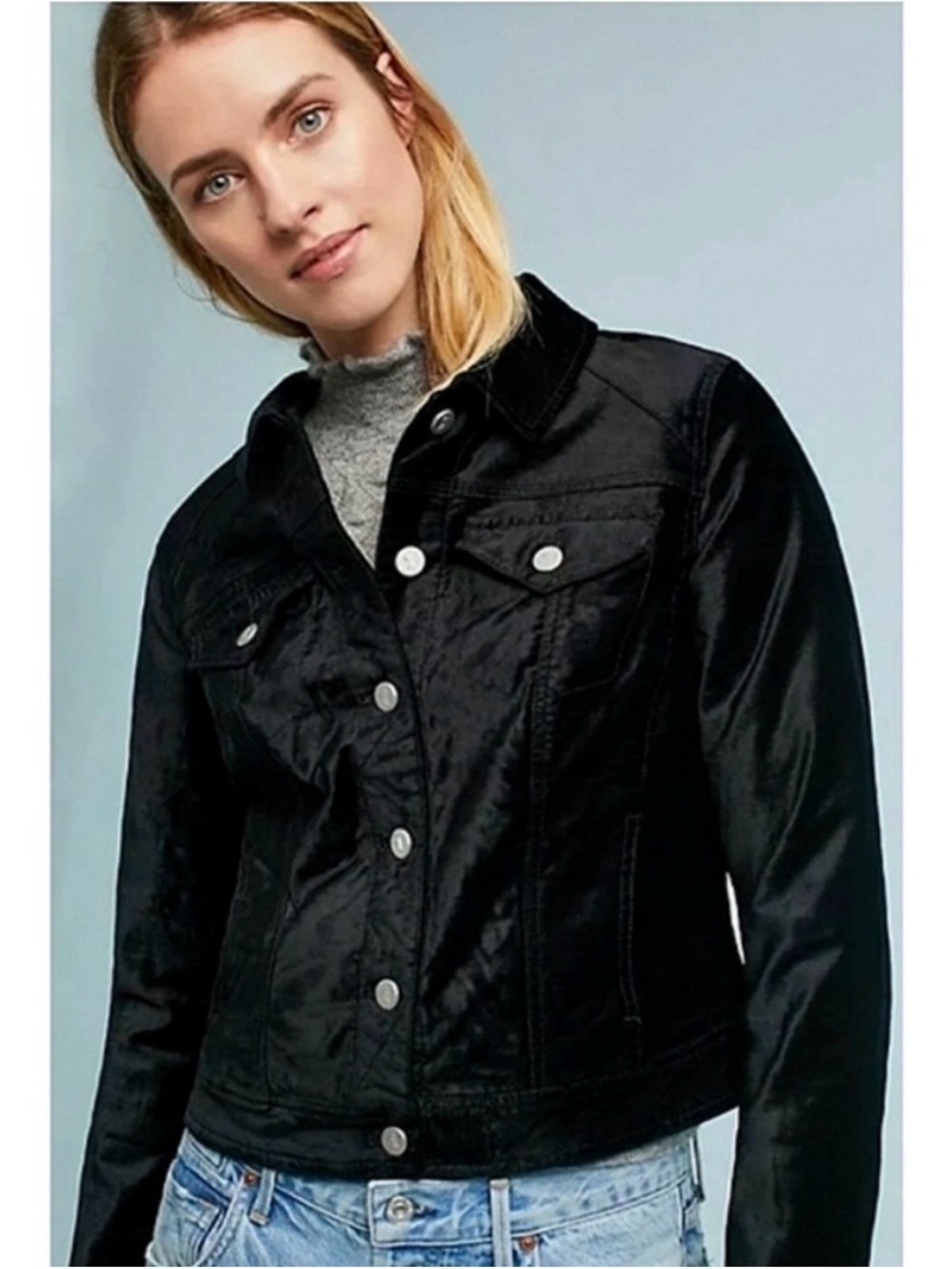 ANTHROPOLOGIE Pilcro Black Velvet Jean Jacket w/ Silver Buttons